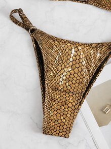 Gold Print O-Ring Detail Thong Bikini - Gold - View 4