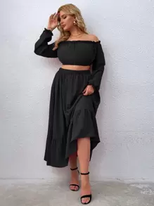Celure Plus Off Shoulder Crop Top With Ruffle Hem Skirt - Black - View 1