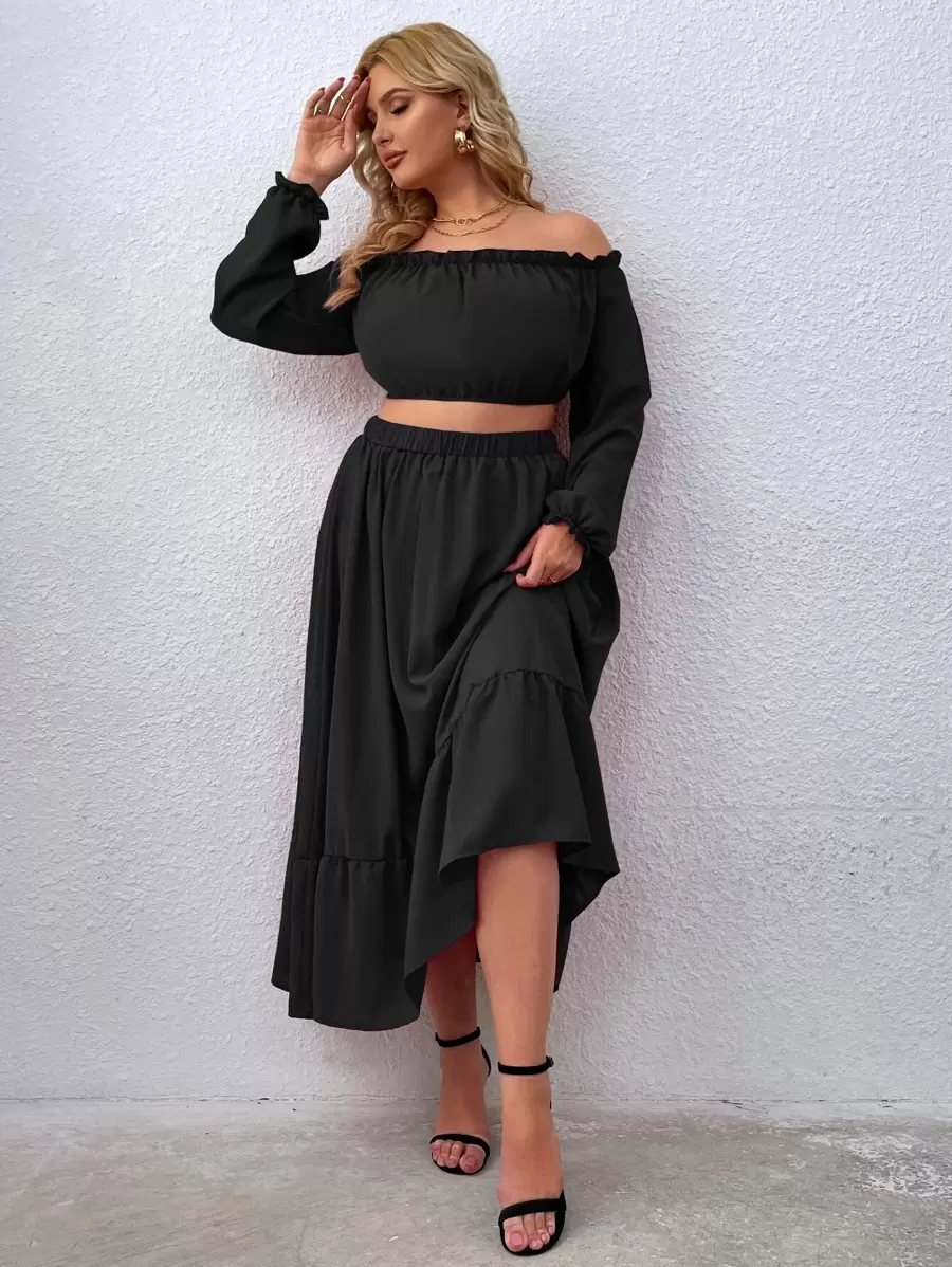Celure Plus Off Shoulder Crop Top With Ruffle Hem Skirt - Black - View 1