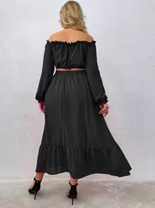 Celure Plus Off Shoulder Crop Top With Ruffle Hem Skirt - Black - View 2