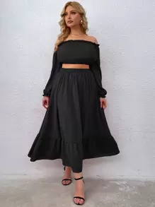 Celure Plus Off Shoulder Crop Top With Ruffle Hem Skirt - Black - View 3