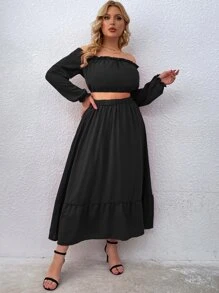 Celure Plus Off Shoulder Crop Top With Ruffle Hem Skirt - Black - View 4
