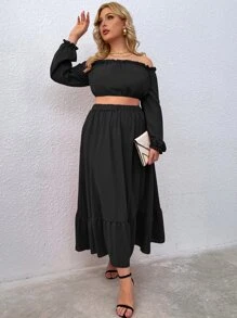 Celure Plus Off Shoulder Crop Top With Ruffle Hem Skirt - Black - View 5