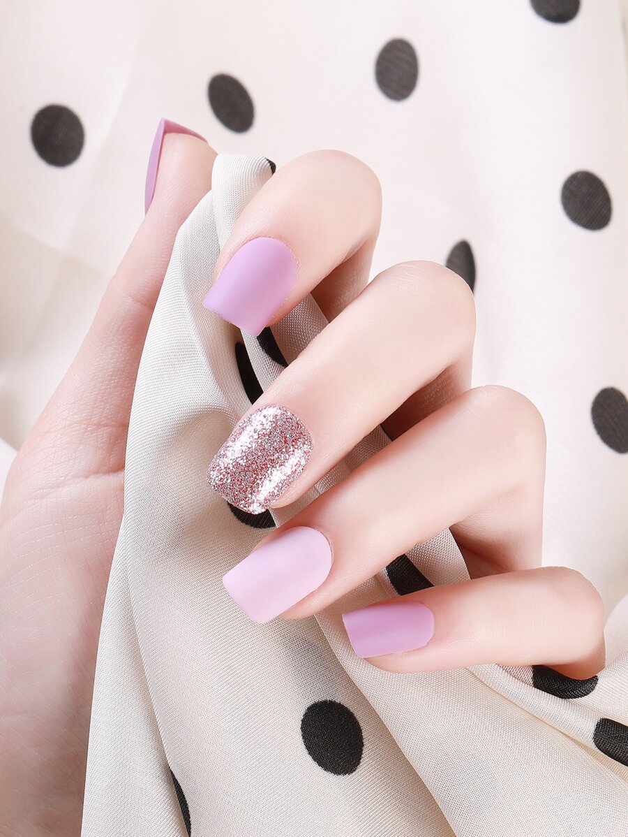 24pcs Short Oval Fake Nail & 1pc Nail File & 1sheet Tape - Pink - View 1