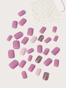 24pcs Short Oval Fake Nail & 1pc Nail File & 1sheet Tape - Pink - View 3