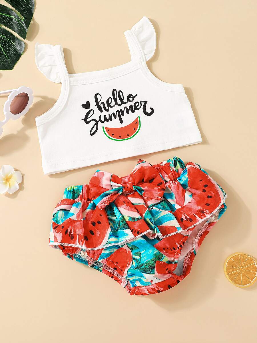 Bebé sandía & con estampado de letra ribete con fruncido Top & con lazo Shorts - Multicolor - Ver 1