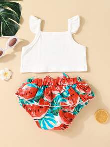 Bebé sandía & con estampado de letra ribete con fruncido Top & con lazo Shorts - Multicolor - Ver 2