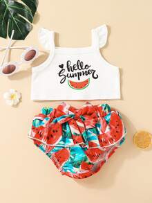 Bebé sandía & con estampado de letra ribete con fruncido Top & con lazo Shorts - Multicolor - Ver 7