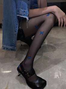 Butterfly Pattern Tights - Black - View 3