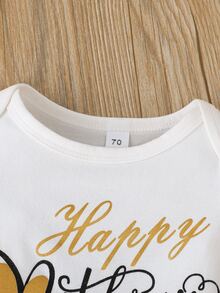 嬰兒標語圖案荷葉邊連身背心和格紋背带半身裙和髮箍