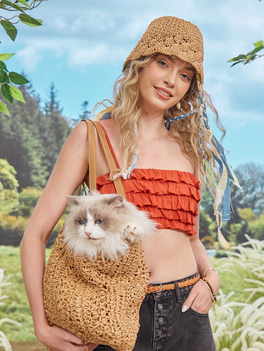 SHEIN Unity Layered Frill Trim Crop Cami Top - Orange - View 1