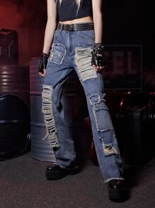 ROMWE Grunge Punk Jeans de pierna recta desgarro