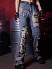 ROMWE Grunge Punk Jeans de pierna recta desgarro
