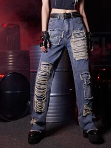 ROMWE Grunge Punk Jeans de pierna recta desgarro