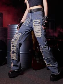 ROMWE Grunge Punk Jeans de pierna recta desgarro