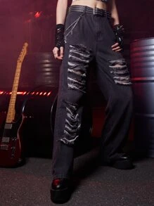 ROMWE Grunge Punk Jeans de pierna recta desgarro