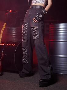 ROMWE Grunge Punk Jeans de pierna recta desgarro