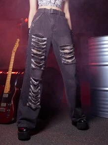ROMWE Grunge Punk Jeans de pierna recta desgarro