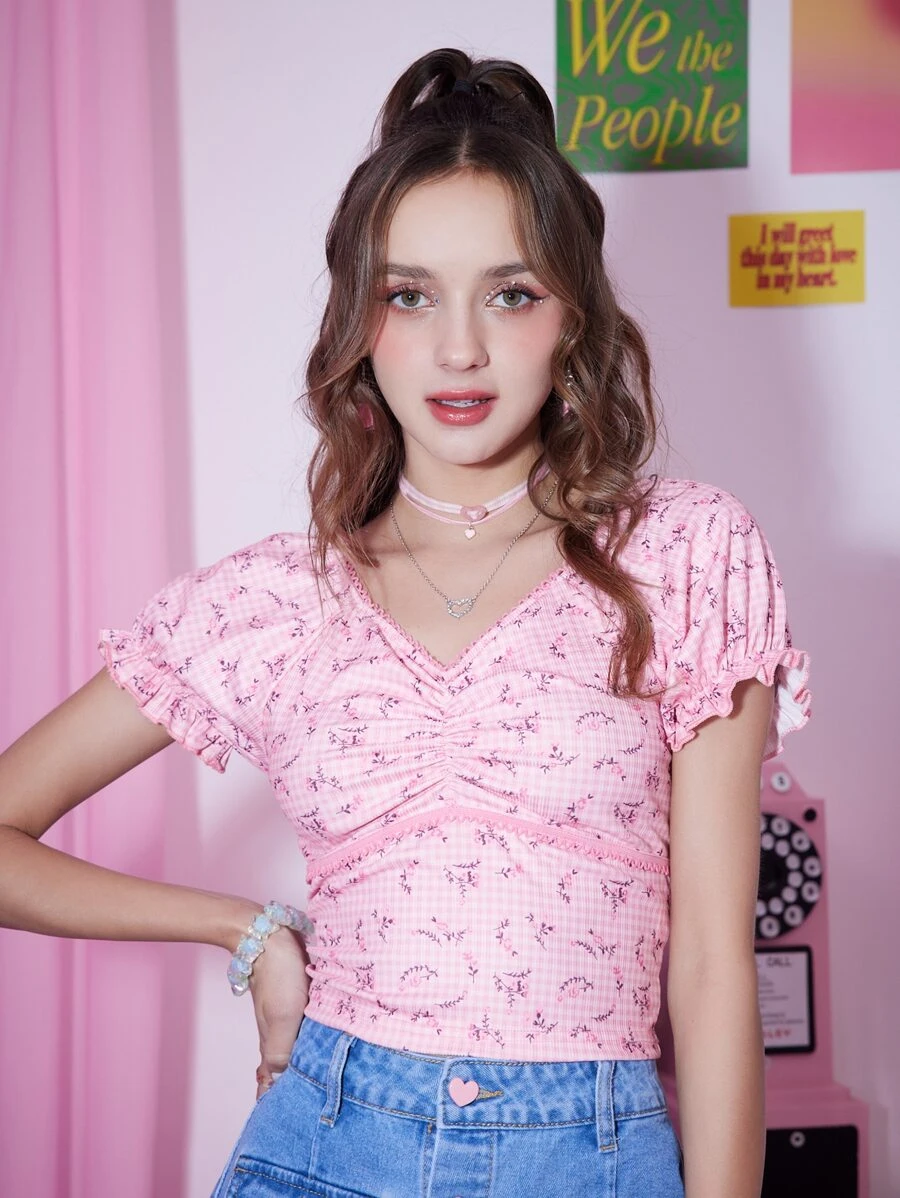 Sweetness 雙色格子小碎花褶邊T恤 - 粉色 - 查看 1