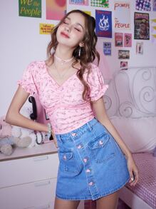 Sweetness 雙色格子小碎花褶邊T恤 - 粉色 - 查看 4