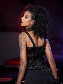 ROMWE Grunge Punk Áo hai dây Tương phản ren Dải chun màu trơn Hấp dẫn - màu đen - Xem 2