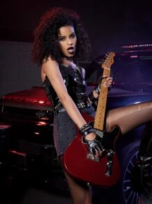 ROMWE Grunge Punk Áo hai dây Tương phản ren Dải chun màu trơn Hấp dẫn - màu đen - Xem 3