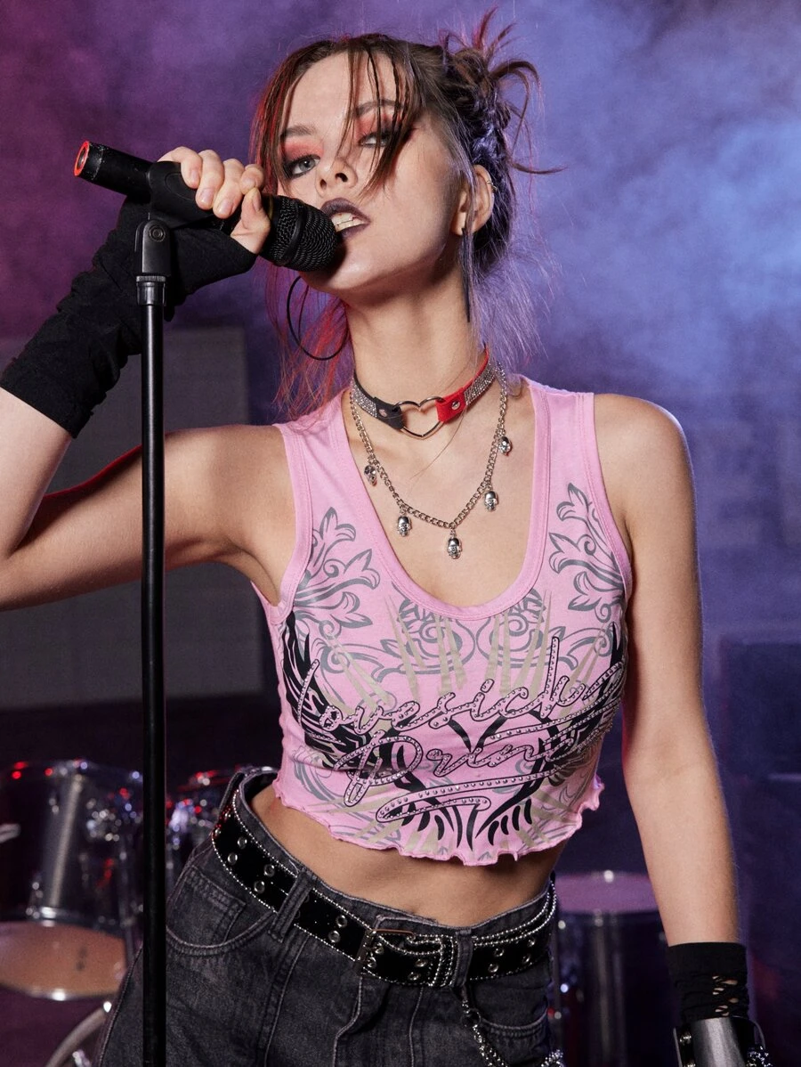 ROMWE Grunge Punk Top tank con estampado de letra con diamante de imitación - Rosa - Ver 1