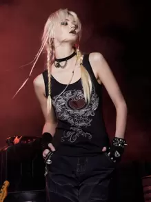 ROMWE Grunge Punk 心水鑽背心上衣 - 黑色 - 查看 1