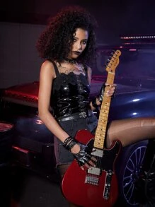 ROMWE Grunge Punk Áo hai dây Tương phản ren Dải chun màu trơn Hấp dẫn - màu đen - Xem 5