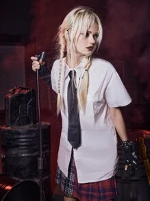 ROMWE Grunge Punk 素色前紐扣襯衫帶系帶 - 白色 - 查看 1