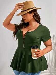 SHEIN Essnce Plus Half Zip Ruffle Hem Tee - Army Green - View 3