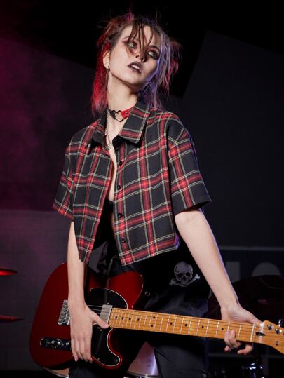 Grunge Punk Crop Shirt mit Tartan Muster, Knopf vorne,