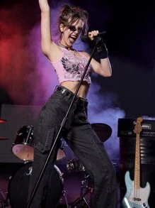 ROMWE Grunge Punk Top tank con estampado de letra con diamante de imitación - Rosa - Ver 3