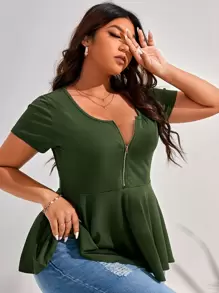 SHEIN Essnce Plus Half Zip Ruffle Hem Tee - Army Green - View 4