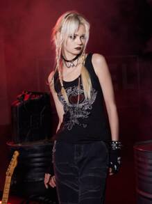 ROMWE Grunge Punk 心水鑽背心上衣 - 黑色 - 查看 3