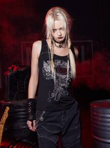 ROMWE Grunge Punk 心水鑽背心上衣 - 黑色 - 查看 4