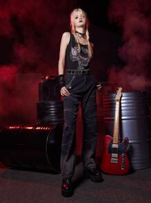 ROMWE Grunge Punk 心水鑽背心上衣 - 黑色 - 查看 5