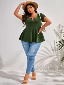 SHEIN Essnce Plus Half Zip Ruffle Hem Tee - Army Green - View 6
