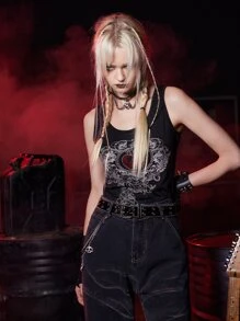 ROMWE Grunge Punk 心水鑽背心上衣 - 黑色 - 查看 6