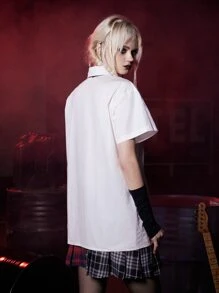 ROMWE Grunge Punk 素色前紐扣襯衫帶系帶 - 白色 - 查看 2