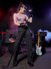 ROMWE Grunge Punk Top tank con estampado de letra con diamante de imitación - Rosa - Ver 7