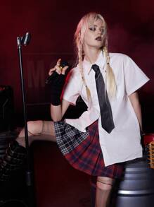 ROMWE Grunge Punk 素色前紐扣襯衫帶系帶 - 白色 - 查看 3