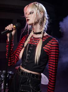 ROMWE Grunge Punk Kpop Striped Crop Top & Hook And Eye Crop Cami - Multicolor - View 1