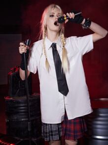 ROMWE Grunge Punk 素色前紐扣襯衫帶系帶 - 白色 - 查看 5