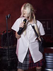 ROMWE Grunge Punk 素色前紐扣襯衫帶系帶 - 白色 - 查看 6