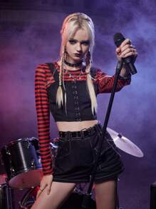 ROMWE Grunge Punk Kpop Striped Crop Top & Hook And Eye Crop Cami - Multicolor - View 3