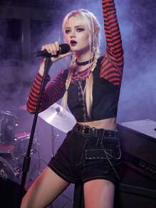 ROMWE Grunge Punk Kpop Striped Crop Top & Hook And Eye Crop Cami - Multicolor - View 6