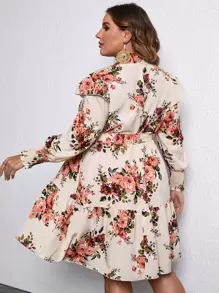 SHEIN Clasi Plus Floral Print Shirred Ruffle Hem Belted Dress - Multicolor - View 2