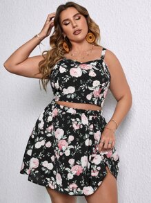 SHEIN Unity 大碼印花吊帶上衣和半身裙 - 黑色 - 查看 1