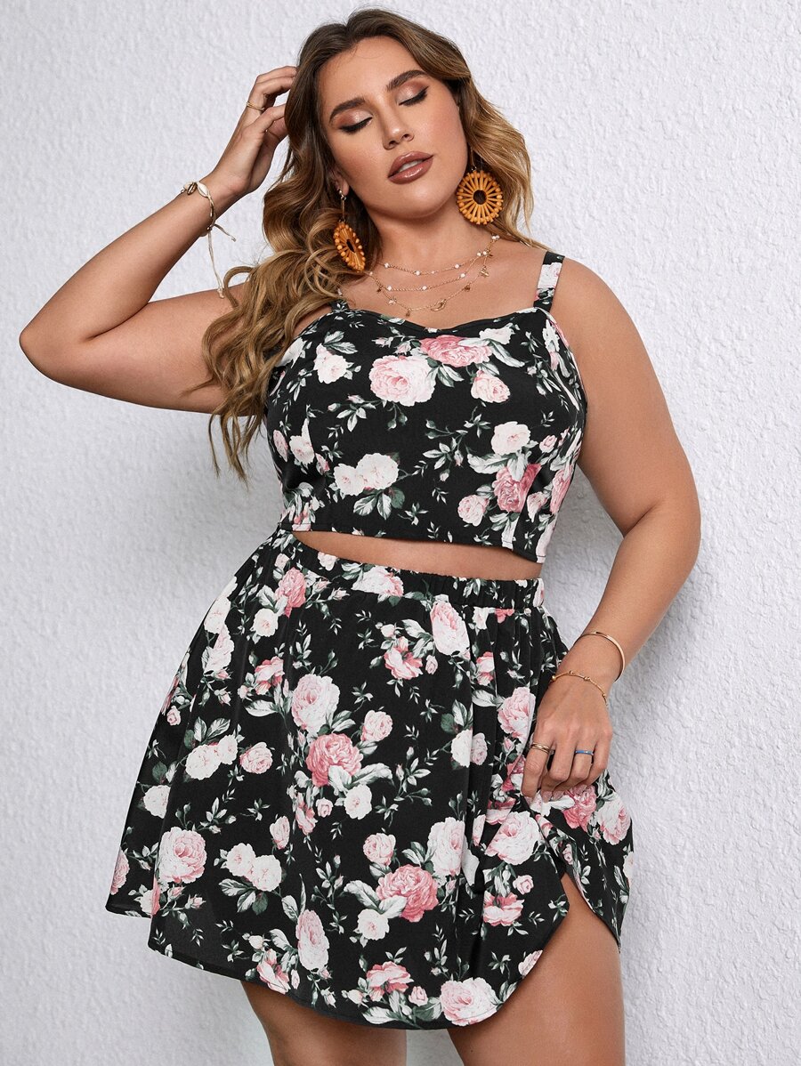 SHEIN Unity 大碼印花吊帶上衣和半身裙 - 黑色 - 查看 1